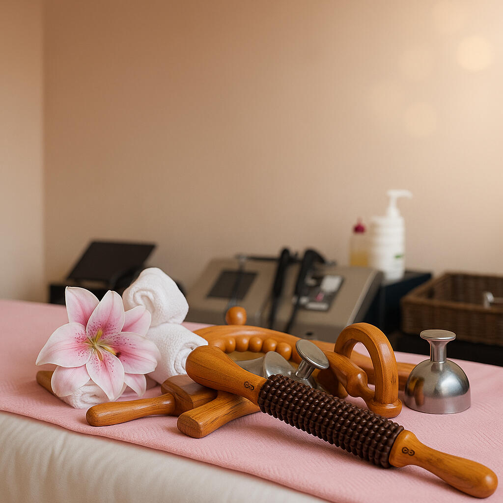 instrumentos de masaje coporal y facial, masajes postoperatorios, drenaje linfático Cabina de masajes con herramientas de maderoterapia y equipo de radiofrecuencia indiba